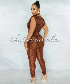 Vendor-unknown Catalina Copper Sequin Padded Shoulder Jumpsuit
