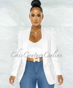 Chic Couture Online JUST IN Dorcas Off-White Bubble Sleeves Boyfriend Long Blazer
