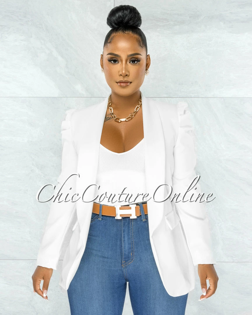 Chic Couture Online JUST IN Dorcas Off-White Bubble Sleeves Boyfriend Long Blazer