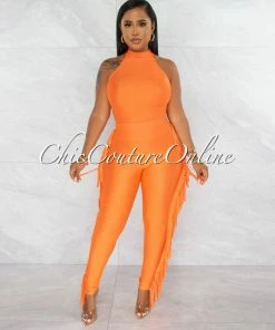 Chic Couture Online Gracie Orange Crop Top & Tassels Leggings Shimmery Set JUST IN