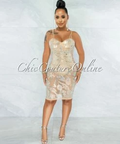 Vendor-unknown Lessa Nude Iridescent Rhinestones Mesh Bodysuit Dress JUST IN