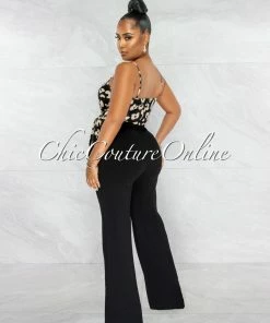 Chic Couture Online Aubrey Black Nude Leopard Print Silky Top Two-Tone Jumpsuit