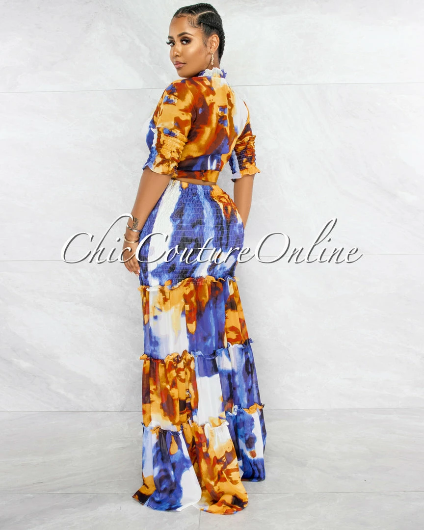 Vendor-unknown Belvita Blue Brown Print Smocked Two Piece Skirt Set JUST IN