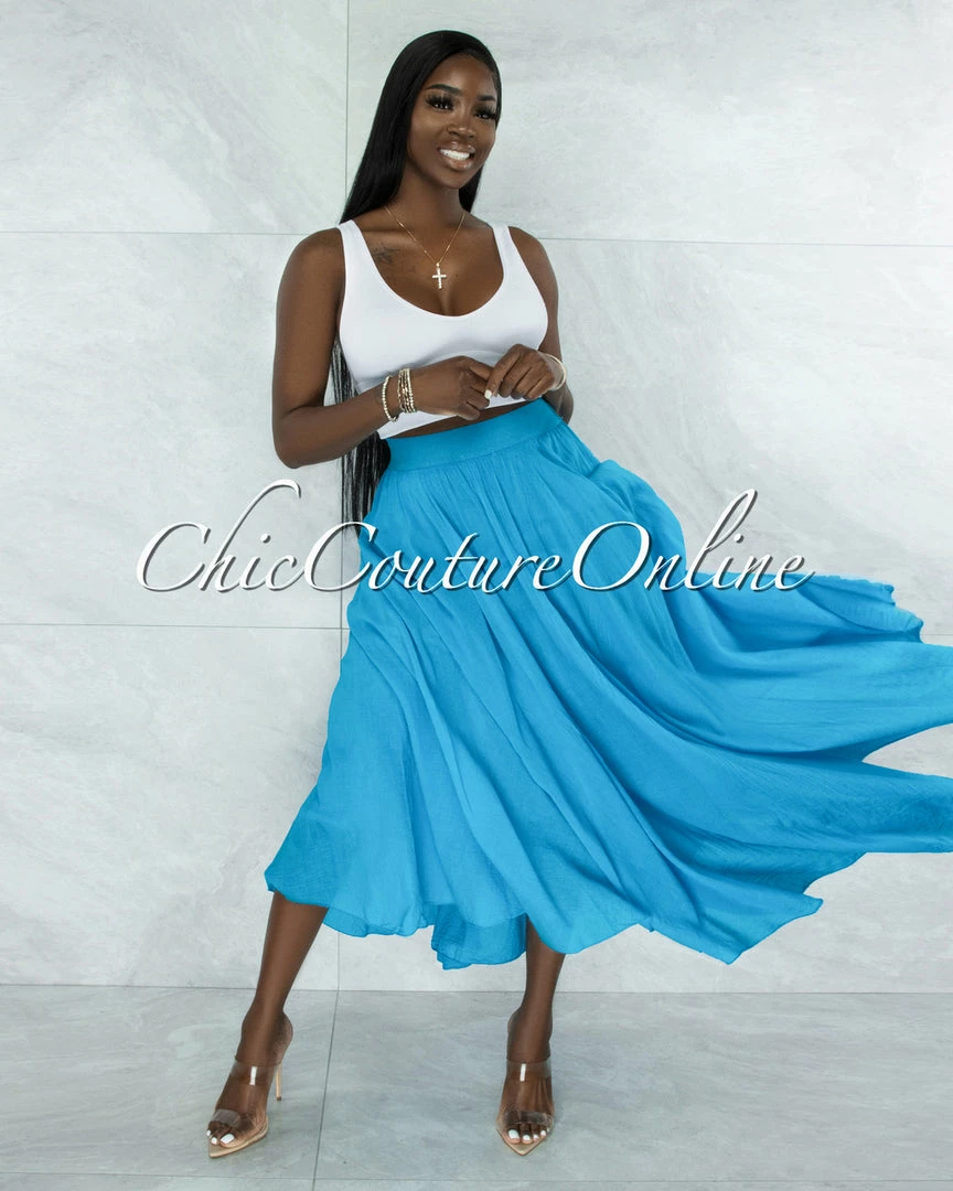 Vendor-unknown Dondra Turquoise Flutter Wide Maxi Skirt
