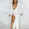 Chic Couture Online JUST IN Marlinda Off-White Nude Bodysuit Rhinestone Embellished Dress Set