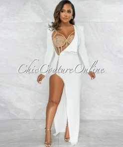 Chic Couture Online JUST IN Marlinda Off-White Nude Bodysuit Rhinestone Embellished Dress Set