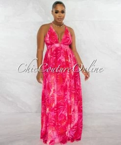 Chic Couture Online JUST IN Hector Fuchsia V-Neck Leaf Print Low Back Maxi Dress