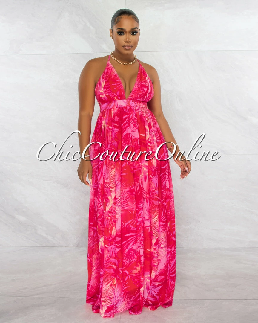 Chic Couture Online JUST IN Hector Fuchsia V-Neck Leaf Print Low Back Maxi Dress