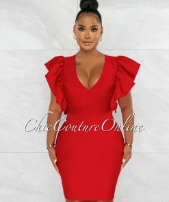 Chic Couture Online JUST IN Barend Red V-Neck Ruffle Sleeves Bandage Midi Dress