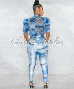 Vendor-unknown JUST IN Opal Blue Print Bubble Sleeves Sheer Top Jumpsuit