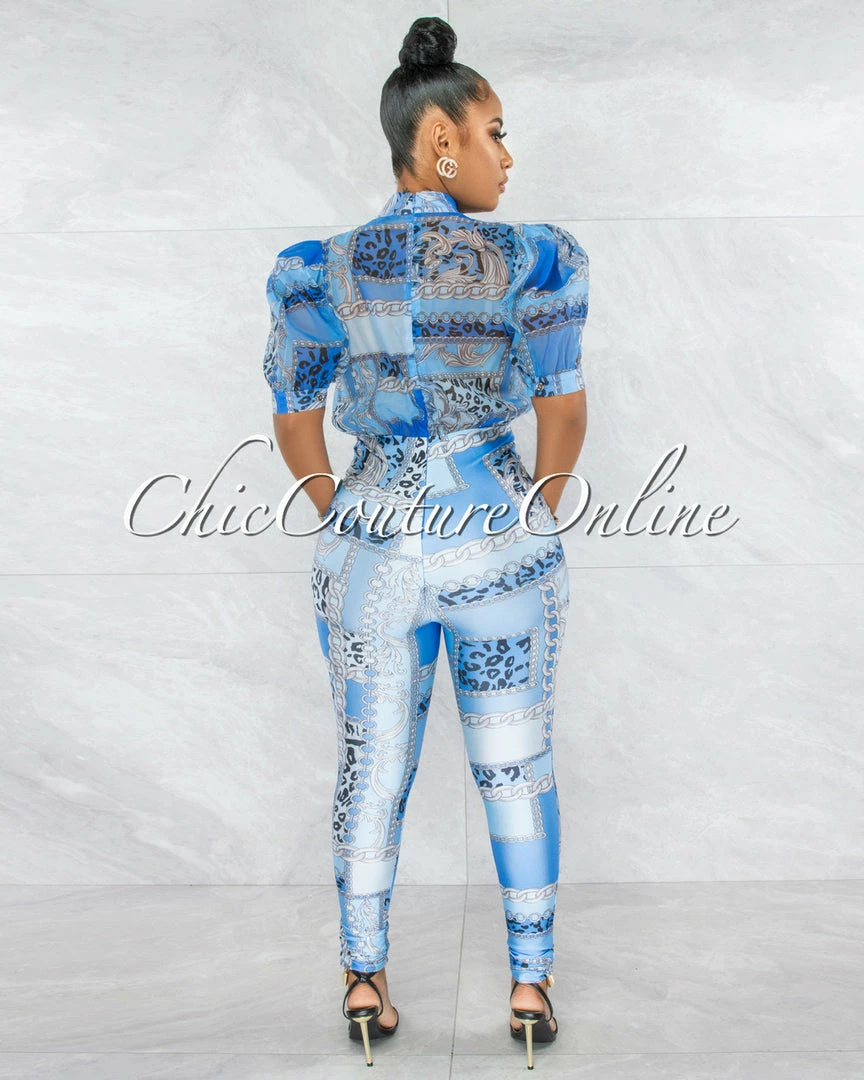 Vendor-unknown JUST IN Opal Blue Print Bubble Sleeves Sheer Top Jumpsuit