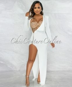Chic Couture Online JUST IN Marlinda Off-White Nude Bodysuit Rhinestone Embellished Dress Set