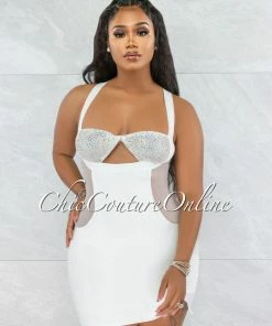 Vendor-unknown Variya White Keyhole Mesh Rhinestones Mini Dress