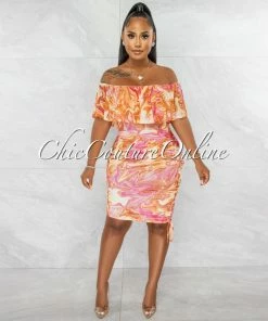 Chic Couture Online Kensie Orange Pink Print Off-The Shoulder Ruched Dress
