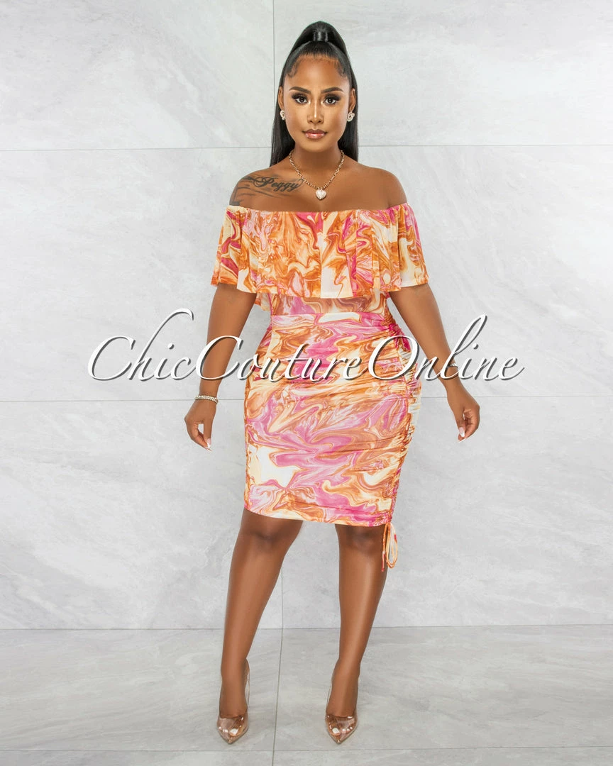 Chic Couture Online Kensie Orange Pink Print Off-The Shoulder Ruched Dress