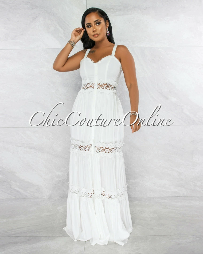 Vendor-unknown Suvarna Off-White Crochet Embroidery Maxi Dress