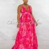 Chic Couture Online JUST IN Hector Fuchsia V-Neck Leaf Print Low Back Maxi Dress