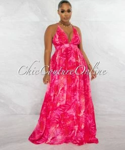 Chic Couture Online JUST IN Hector Fuchsia V-Neck Leaf Print Low Back Maxi Dress
