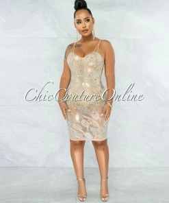 Vendor-unknown Lessa Nude Iridescent Rhinestones Mesh Bodysuit Dress JUST IN