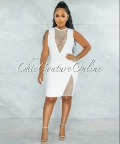 Vendor-unknown Rivir White Rhinestones Net Details Bandage Dress JUST IN