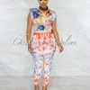 Chic Couture Online Ariadne White Red Blue Multi-Color Print Blouse & Leggings Set