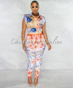 Chic Couture Online Ariadne White Red Blue Multi-Color Print Blouse & Leggings Set