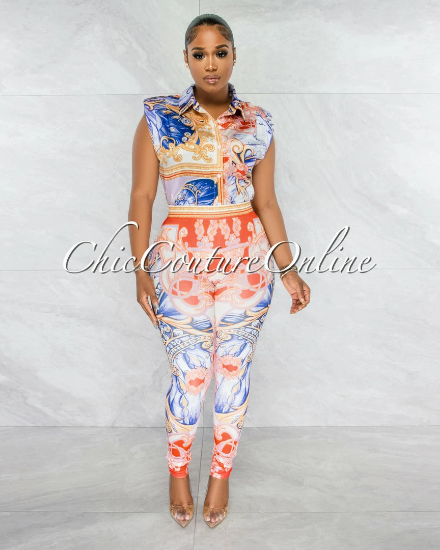 Chic Couture Online Ariadne White Red Blue Multi-Color Print Blouse & Leggings Set