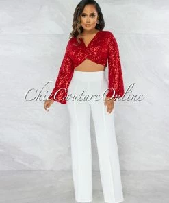 Vendor-unknown Winder Red Sequin Front Knot Crop Top