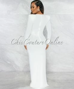 Chic Couture Online JUST IN Marlinda Off-White Nude Bodysuit Rhinestone Embellished Dress Set