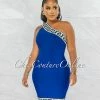 Chic Couture Online Rokka Royal Blue White Black Fret Print Strapless Bandage Dress