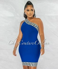Chic Couture Online Rokka Royal Blue White Black Fret Print Strapless Bandage Dress