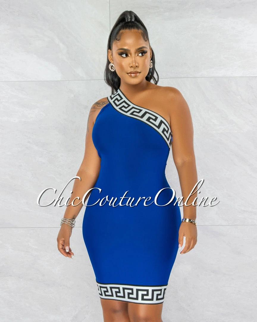 Chic Couture Online Rokka Royal Blue White Black Fret Print Strapless Bandage Dress