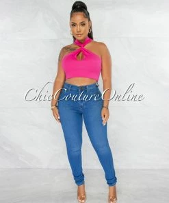 Chic Couture Online JUST IN Jones Fuschia Torn Bust Key-Hole Ribbed Crop Top