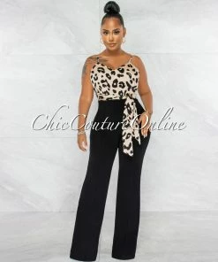 Chic Couture Online JUST IN Aubrey Nude Black Leopard Print Silky Top Two-Tone Jumpsuit