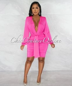 Chic Couture Online JUST IN Umaya Hot Pink Draped Bodysuit & Ruched Skirt Set