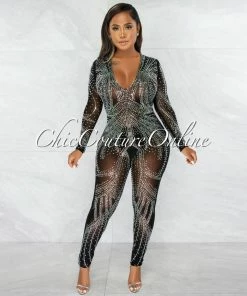 Chic Couture Online JUST IN Fonseca Black Silver Rhinestones V Neck Sheer Jumpsuit