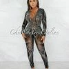 Chic Couture Online JUST IN Fonseca Black Silver Rhinestones V Neck Sheer Jumpsuit