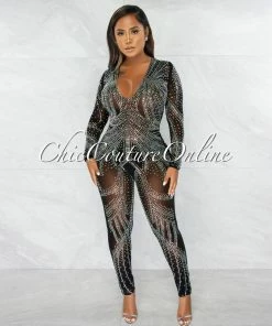 Chic Couture Online JUST IN Fonseca Black Silver Rhinestones V Neck Sheer Jumpsuit