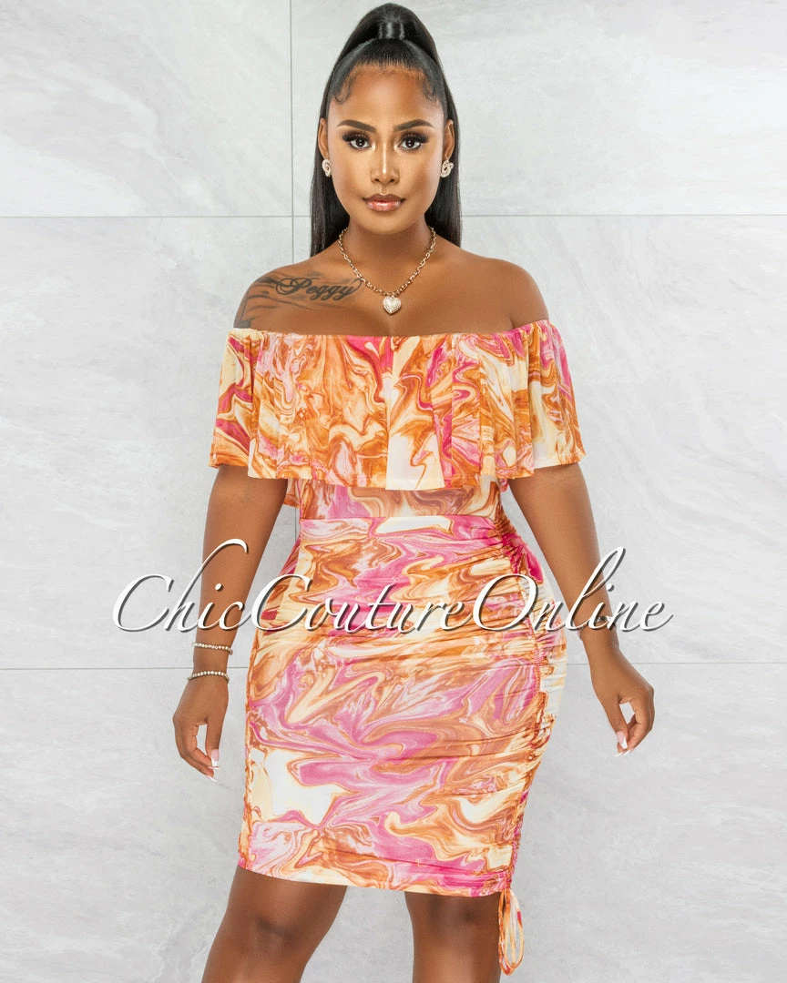Chic Couture Online Kensie Orange Pink Print Off-The Shoulder Ruched Dress