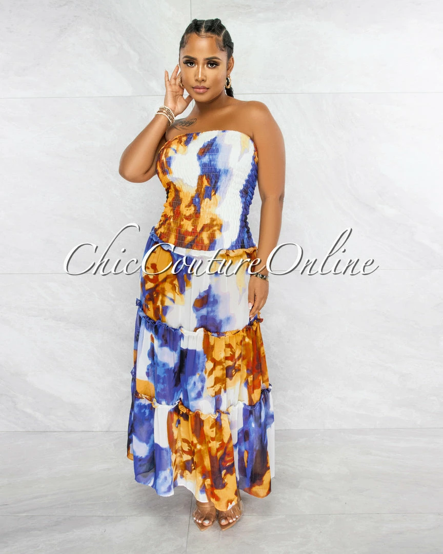 Vendor-unknown Belvita Blue Brown Print Smocked Two Piece Skirt Set JUST IN