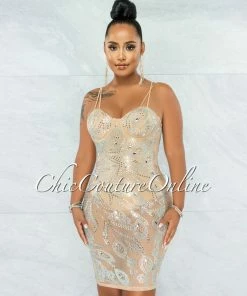 Vendor-unknown Lessa Nude Iridescent Rhinestones Mesh Bodysuit Dress JUST IN