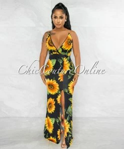 Vendor-unknown Fordana Black Sunflower Print Side Slit Maxi Dress JUST IN