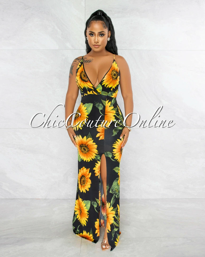 Vendor-unknown Fordana Black Sunflower Print Side Slit Maxi Dress JUST IN