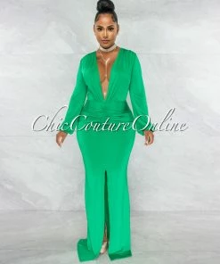 Chic Couture Online JUST IN Solada Green V-Neck Long Sleeves Front Draped Maxi Dress