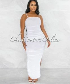 Vendor-unknown JUST IN Camilo Off-White Mesh Ruched Sheer Maxi Dress