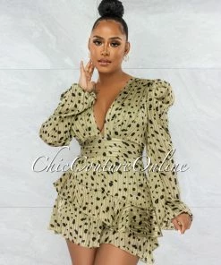 Vendor-unknown JUST IN Clairo Sage Black Print Bubble Sleeves Satin Romper