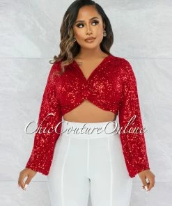 Vendor-unknown Winder Red Sequin Front Knot Crop Top
