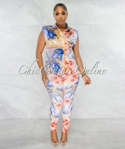 Chic Couture Online Ariadne White Red Blue Multi-Color Print Blouse & Leggings Set