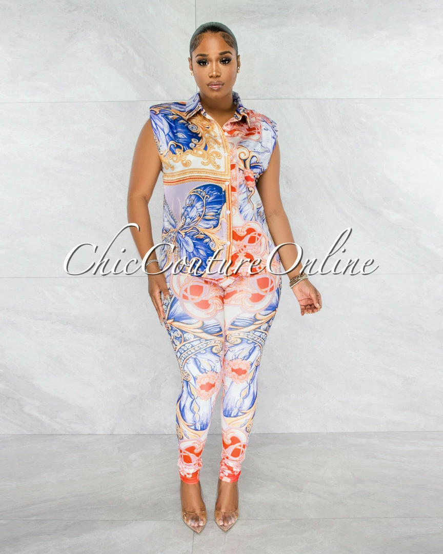 Chic Couture Online Ariadne White Red Blue Multi-Color Print Blouse & Leggings Set