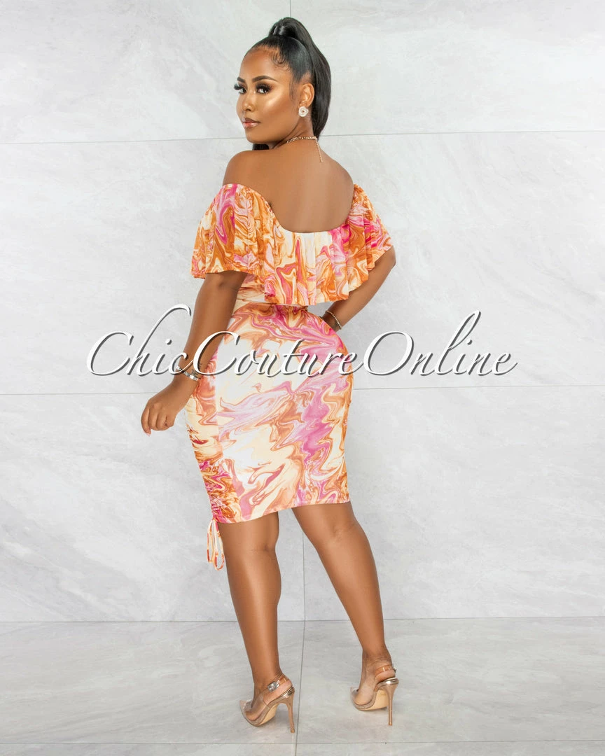 Chic Couture Online Kensie Orange Pink Print Off-The Shoulder Ruched Dress